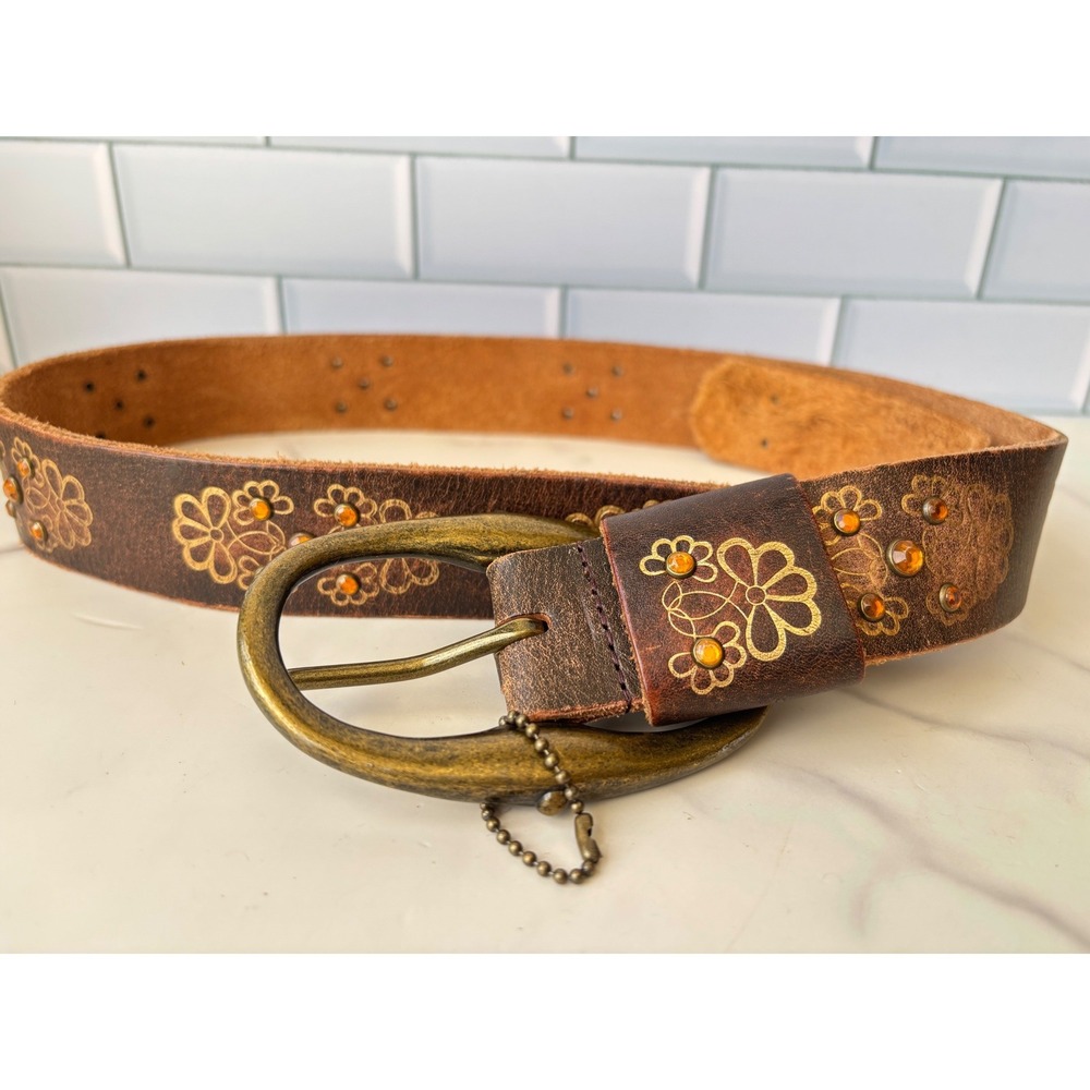 Olga Santini Brown Leather Floral Etched Rhinestone Belt Western Boho Size L
